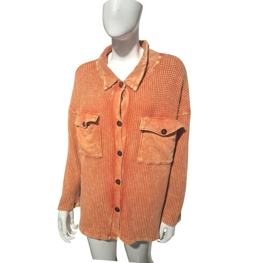 Bucket List Orange Vintage Wash Waffle Knit Shacket Oversized Womens size Small‎